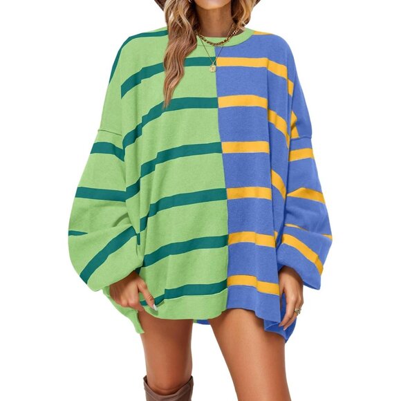 Sweaters - Womens Knitted Crew Neck Sweater Color Block Long Sleeve Lightweight Casual